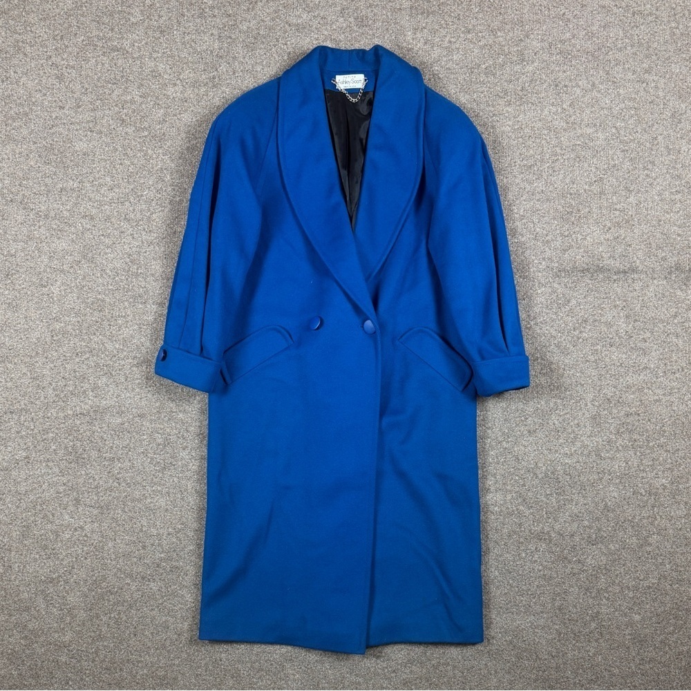 VTG 80s Ashley Scott Cobalt Blue 100% Wool Long‎ Overcoat Women’s L Shawl Collar